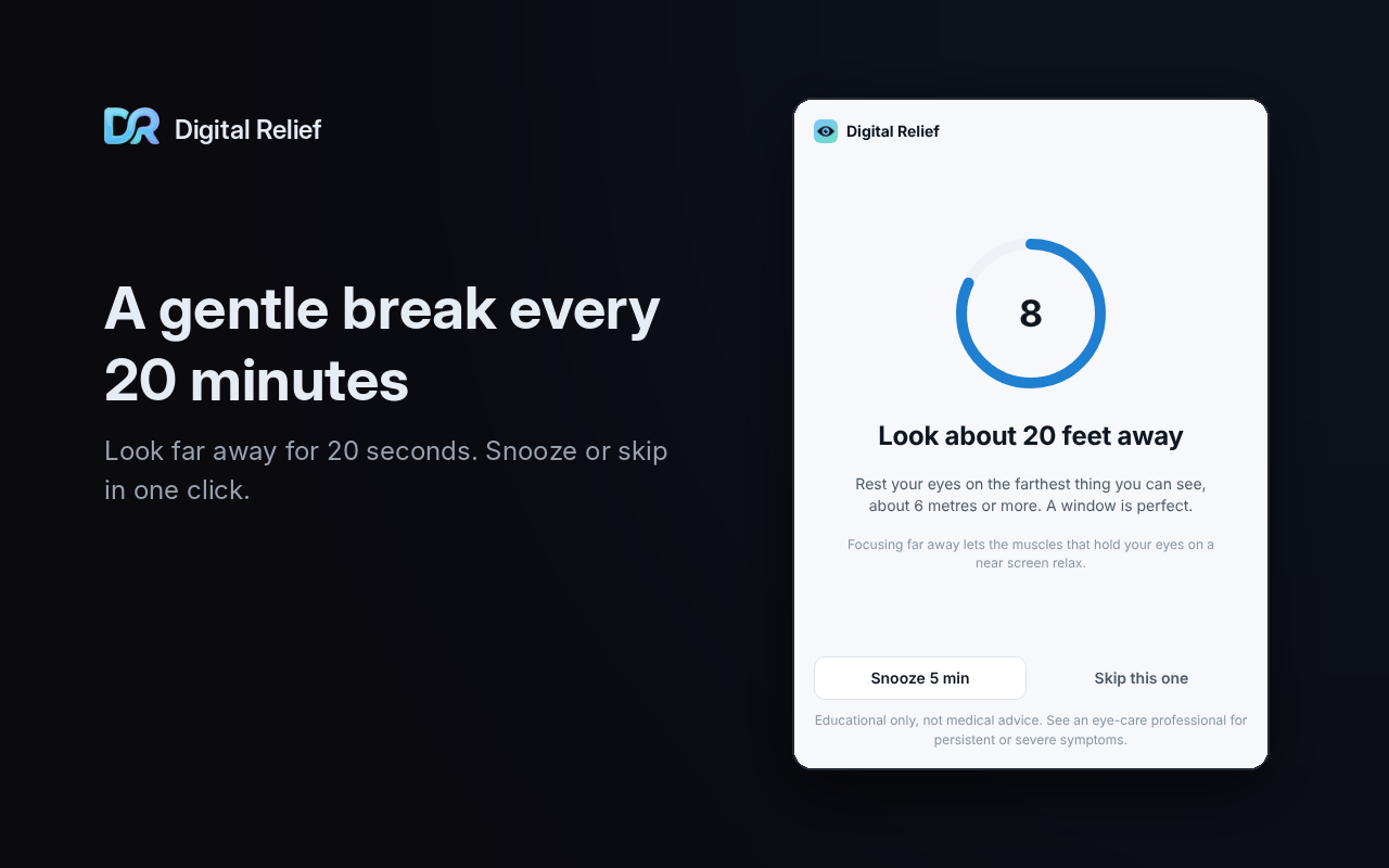 Break card with a countdown ring at 8 seconds, the prompt 'Look about 20 feet away', and Snooze 5 min and Skip this one buttons.
