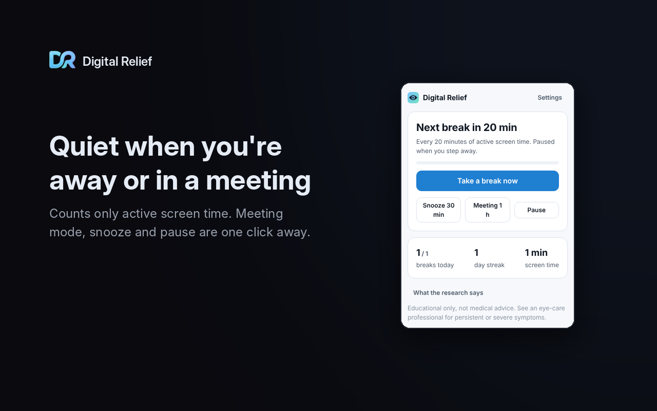 Toolbar popup showing 'Next break in 20 min', a Take a break now button, Snooze 30 min, Meeting 1 h and Pause buttons, and today's breaks, day streak and screen time.