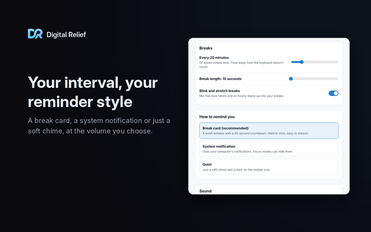 Settings page with sliders for the break interval and break length, a switch for blink and stretch breaks, and the three reminder styles: break card, system notification and quiet.