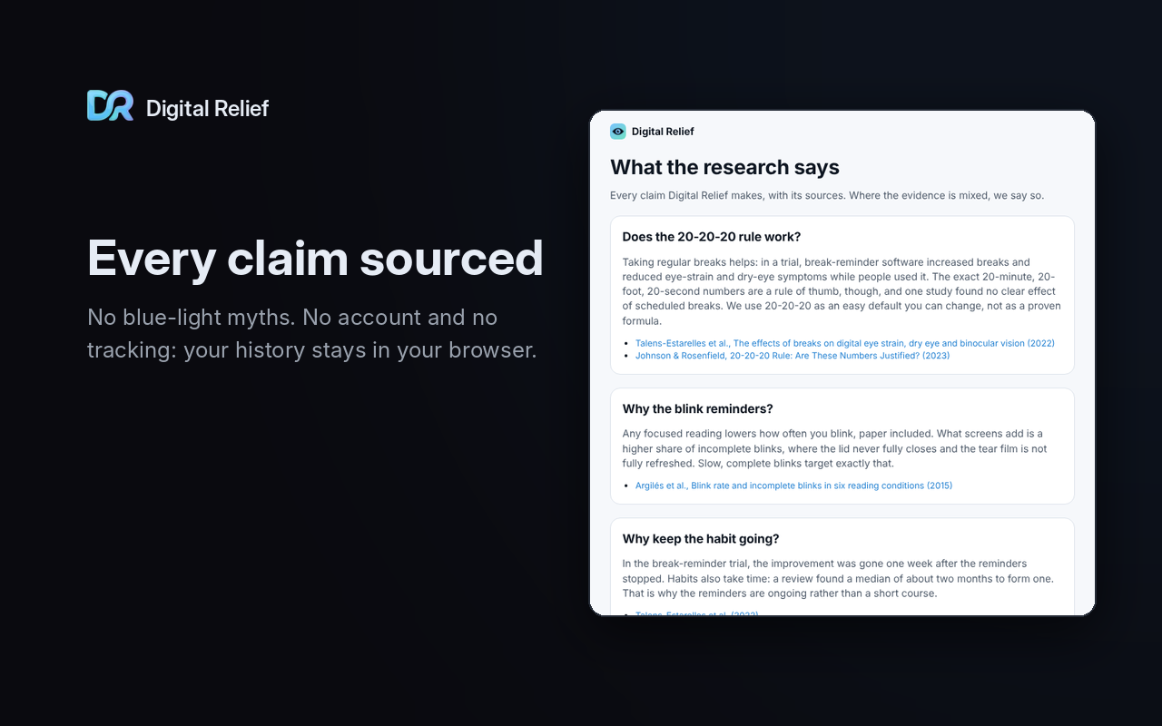 The extension's 'What the research says' page, summarising the evidence on the 20-20-20 rule and blink reminders, with links to each study.
