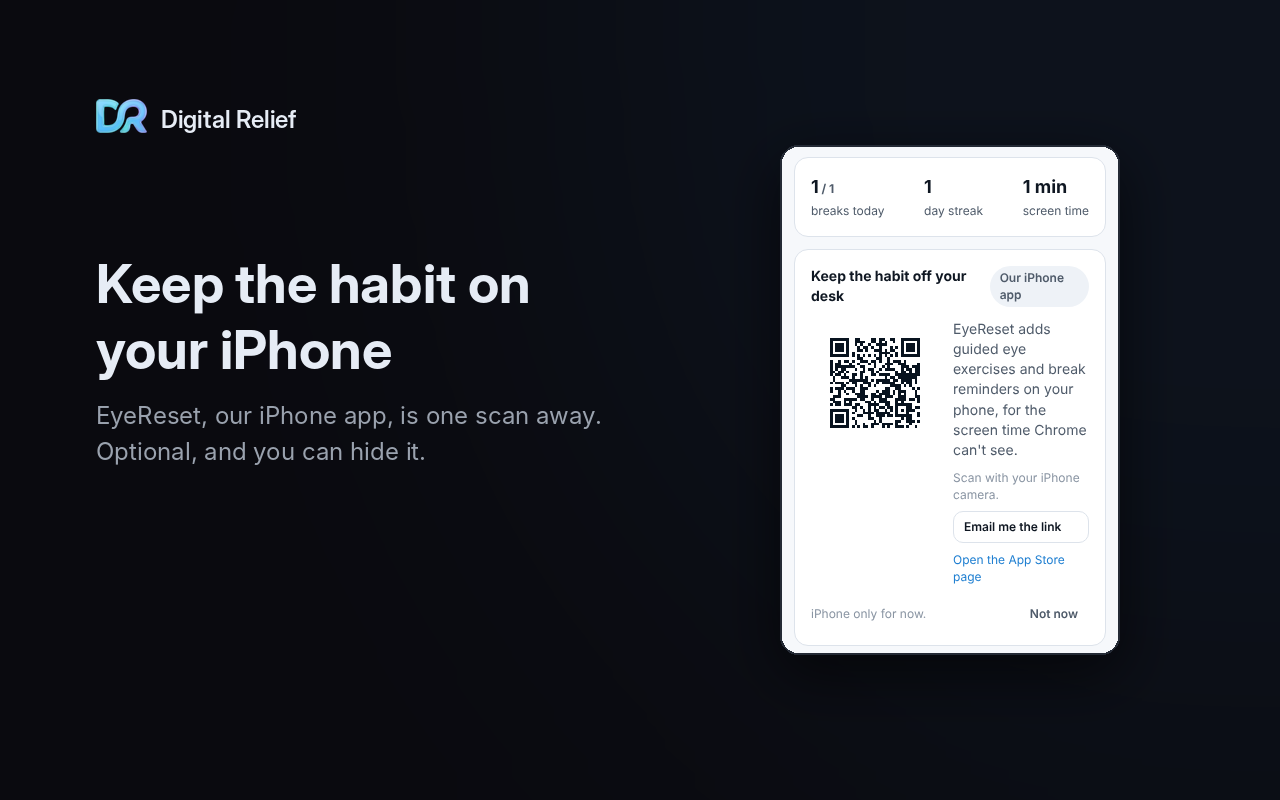 Popup card suggesting EyeReset, the iPhone app, with a QR code, an 'Email me the link' button and a 'Not now' button.