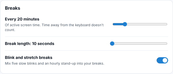 The Breaks section of Digital Relief's settings: an interval slider set to every 20 minutes, a break-length slider, and a 'Blink and stretch breaks' switch turned on, described as mixing five slow blinks and an hourly stand-up into your breaks.