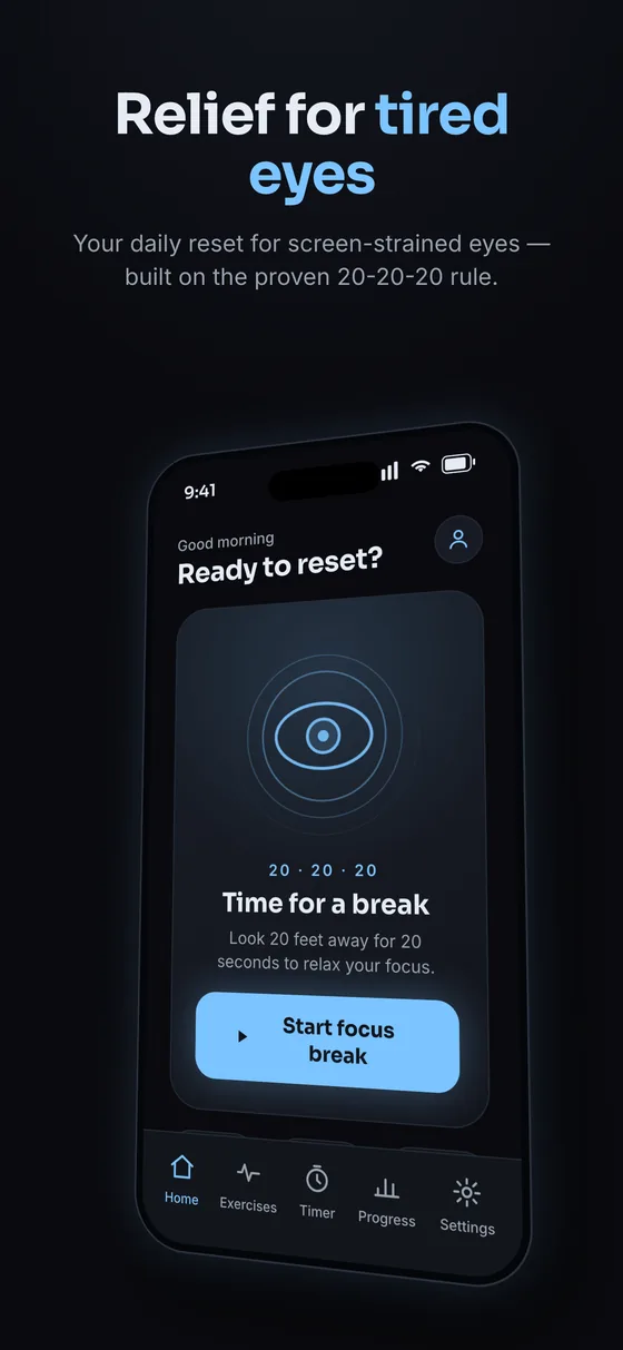 EyeReset home screen — ready to reset your eyes